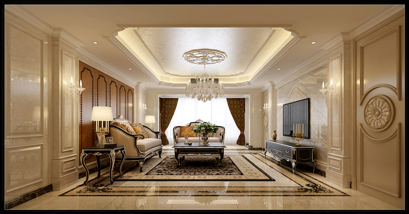 欧式风格室内装修设计效果图-保利中央公馆四居175平米-室内装修设计客厅